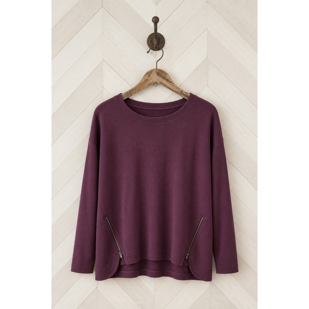 Madewell Women's Long Sleeve Crewneck Top in Deep Plum W/Zipper Accents Size S